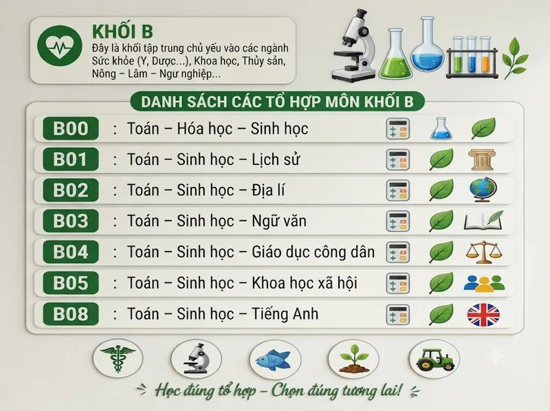 Các tổ hợp B00, B01, B02, B03 và B08 phổ biến trong tuyển sinh